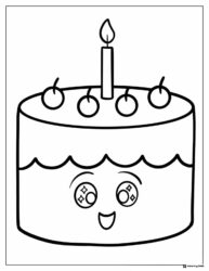 Smiling Birthday Cake Coloring Page with Candle and Cherries