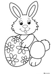 Smiling Bunny Coloring Page with Floral Easter Egg