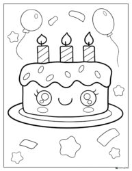 Smiling Cake Coloring Page with Balloons and Candles