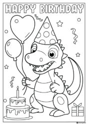 Smiling Dinosaur Birthday Coloring Page with Cake and Balloons