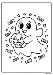 Smiling Ghost Coloring Page Holding Jack o Lantern and Candy