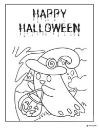 Smiling Ghost Coloring Page with Pumpkin and Happy Halloween