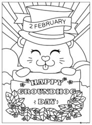 Smiling Groundhog Coloring Page with Hat and Banner