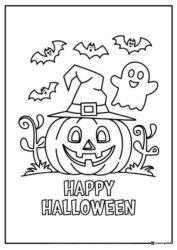 Smiling Jack o Lantern Coloring Page with Bats and Ghost