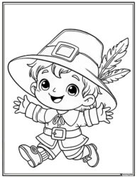 Smiling Pilgrim Boy Coloring Sheet with Feathered Hat