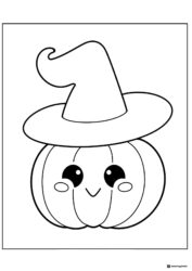 Smiling Pumpkin Coloring Page with Witch Hat