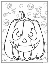 Smiling Pumpkin Coloring Sheet with Stars Skulls and Witches