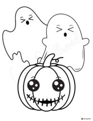Smiling Pumpkin Coloring Sheet with Two Floating Ghosts