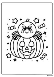 Smiling Spider Coloring Page on Jack o Lantern with Candy