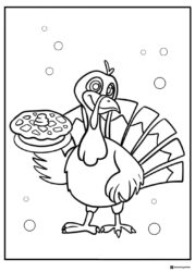Smiling Turkey Coloring Page Holding a Fresh Pie