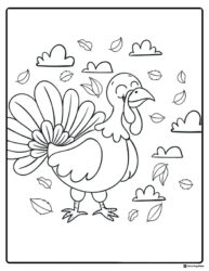 Smiling Turkey Coloring Page with Clouds and Falling Leaves