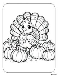 Smiling Turkey Coloring Page with Pumpkins Around