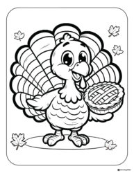 Smiling Turkey Coloring Sheet with Pie and Falling Leaves