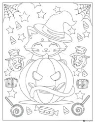 Smiling Witch Cat Coloring Sheet with Giant Pumpkin and Stars