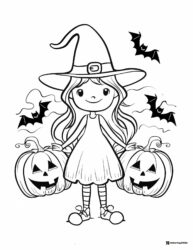 Smiling Witch Girl Coloring Page with Pumpkins and Flying Bats