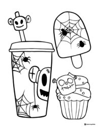 Spider Web Halloween Snacks Coloring Page with Cupcake and Drink