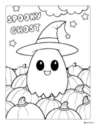 Spooky Ghost Coloring Page with Witch Hat and Pumpkins