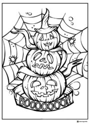 Stacked Jack o Lanterns Coloring Page with Spiderweb and Boo Text