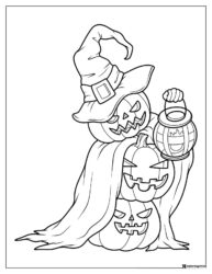 Stacked Pumpkins Coloring Page with Witch Hat and Lantern