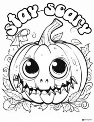 Stay Scary Pumpkin Coloring Page with Leaves and Big Eyes