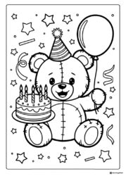 Teddy Bear Birthday Coloring Page with Cake and Balloon