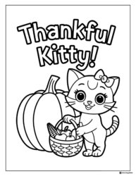Thankful Kitty Coloring Page with Pumpkins and Harvest Basket