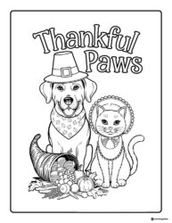 Thankful Paws Coloring Page with Cat and Dog in Pilgrim Costumes