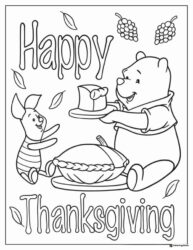 Thanksgiving Coloring Page with Pie and Cartoon Characters