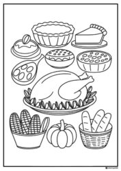 Thanksgiving Dinner Coloring Page with Turkey and Desserts