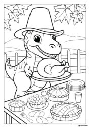 Thanksgiving Dinosaur Coloring Page with Feast and Hat