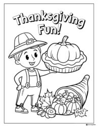 Thanksgiving Fun Coloring Page with Boy Pie and Cornucopia