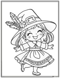 Thanksgiving Girl Coloring Page in Pilgrim Hat and Dress