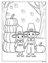 Thanksgiving Kids Coloring Page with Pumpkins and Falling Leaves