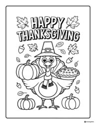 Thanksgiving Pie and Turkey Coloring Page with Falling Leaves
