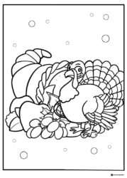 Thanksgiving Turkey Coloring Sheet with Cornucopia and Fruit