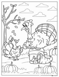 Thanksgiving Turkey Family Coloring Page with Cornucopia