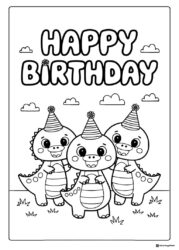 Three Happy Dinosaurs Birthday Coloring Page with Hats
