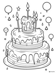 Three Tier Birthday Cake Coloring Page with Balloons