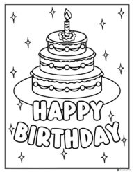 Tiered Birthday Cake Coloring Page with Candle and Stars