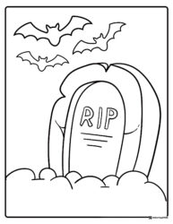 Tombstone in Pumpkin Patch Coloring Page with Flying Bats