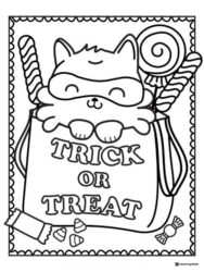 Trick or Treat Cat Coloring Page with Mask and Candy Bag