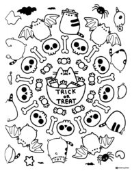 Trick or Treat Cats Coloring Page with Skulls and Candy Decor