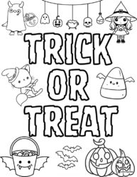 Trick or Treat Characters Coloring Page with Halloween Icons