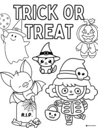 Trick or Treat Coloring Page with Cute Halloween Characters