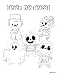 Trick or Treat Coloring Page with Five Fun Costumed Characters