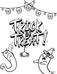 Trick or Treat Ghosts Coloring Page with Spider and Skulls