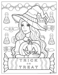 Trick or Treat Witch Coloring Page with Pumpkin and Potions