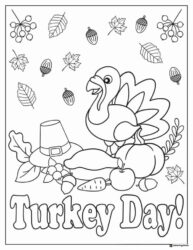 Turkey Day Coloring Page with Hat Leaves and Harvest Food