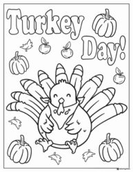 Turkey Day Coloring Page with Pumpkins and Falling Leaves