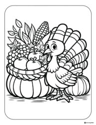 Turkey and Harvest Basket Coloring Page with Corn and Apples
